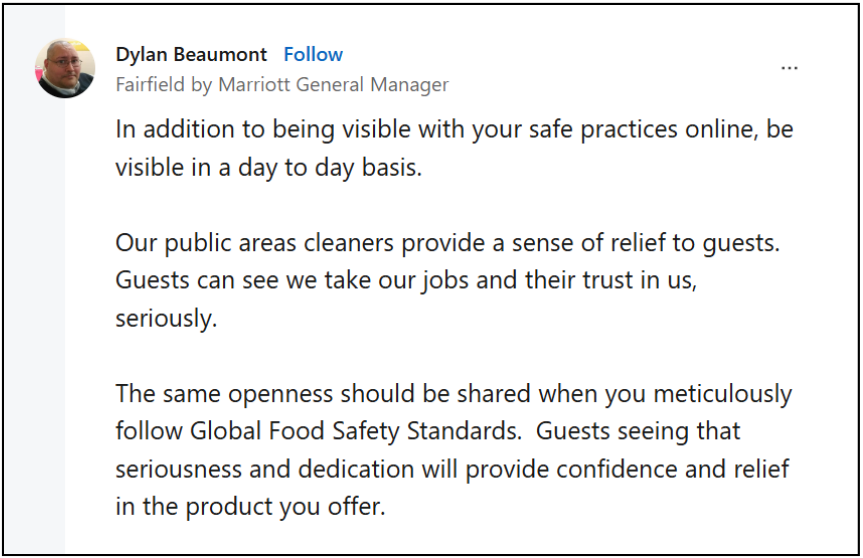 Dylan Beaumont, General Manager at Fairfield Inn & Suites by Marriott on visible dedication to meticulous food safety standards.
