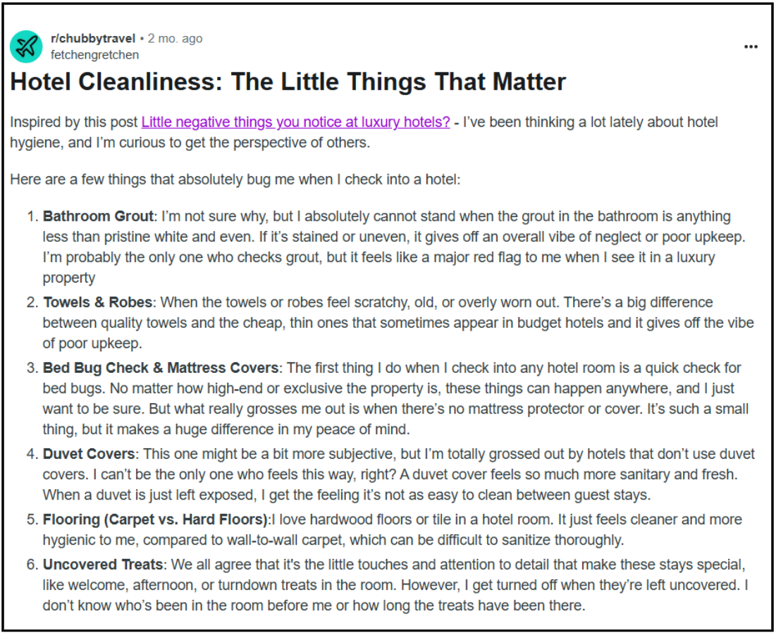 A Reddit's user's POV on hotel cleanliness.