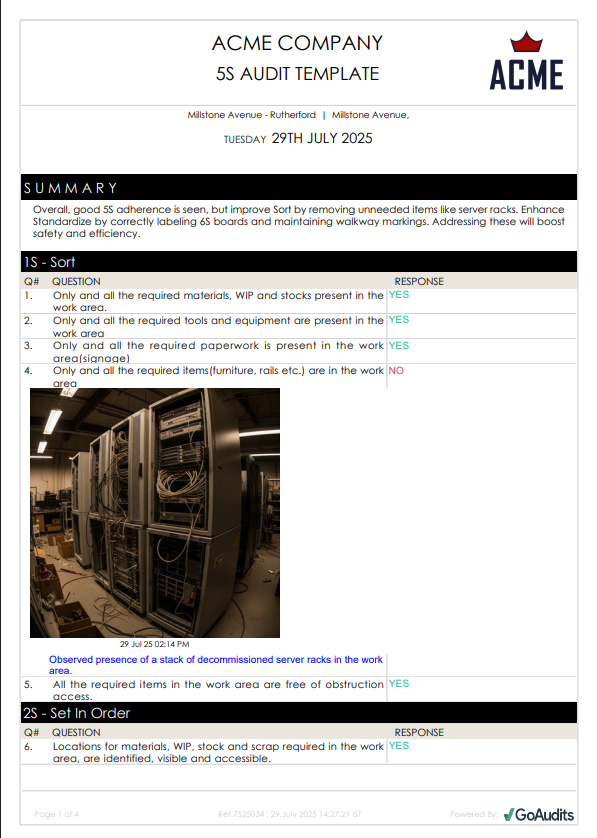 5S Audit Report Sample