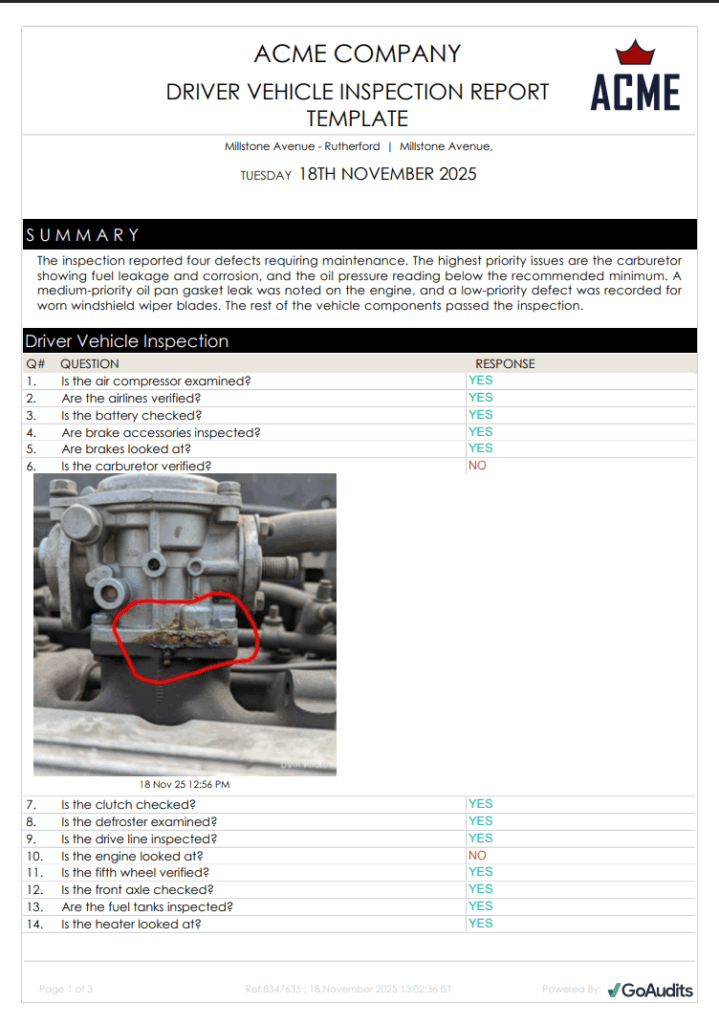 Electronic Driver Vehicle Inspection Report