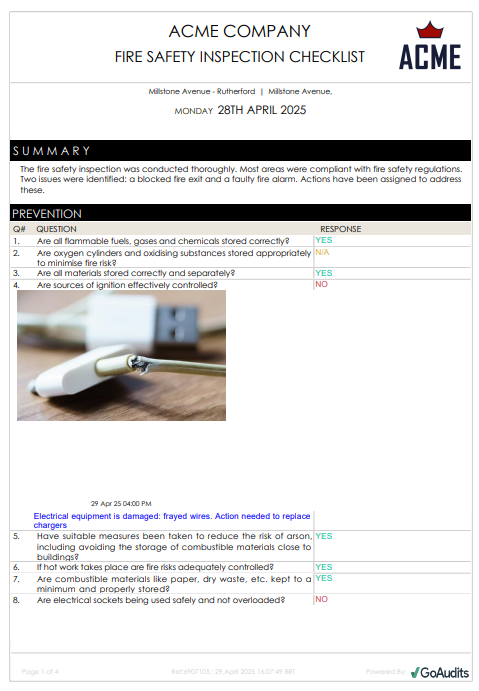 Fire inspection report