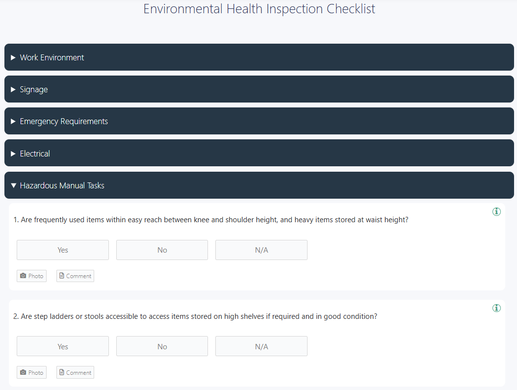 Environmental health inspection checklist