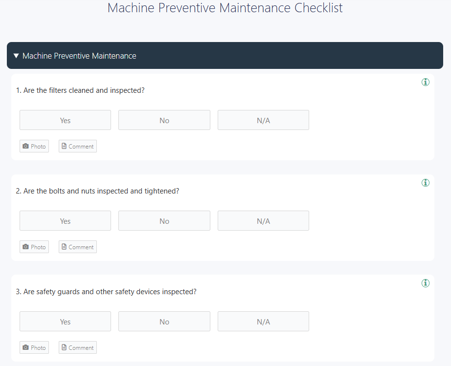 Machine preventive maintenance checklist