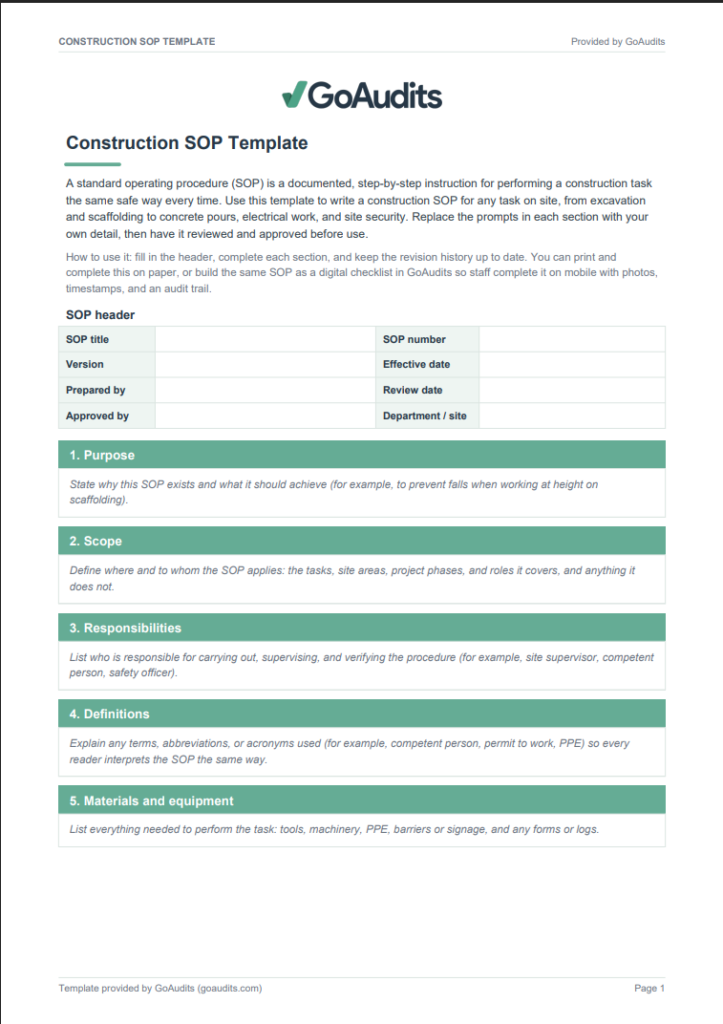 Construction SOP Template and Sample