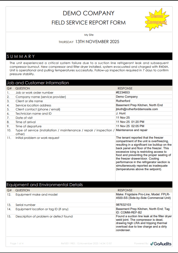 Field Service Report Sample Template