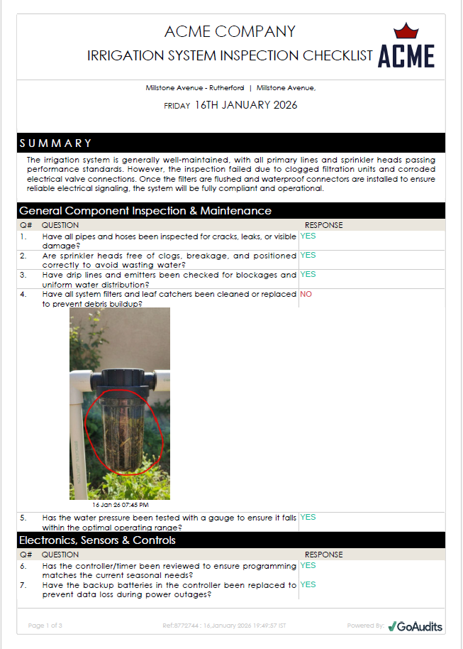Irrigation Inspection Report Template PDF