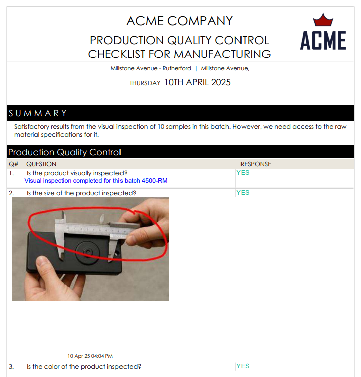 Visual inspection report sample