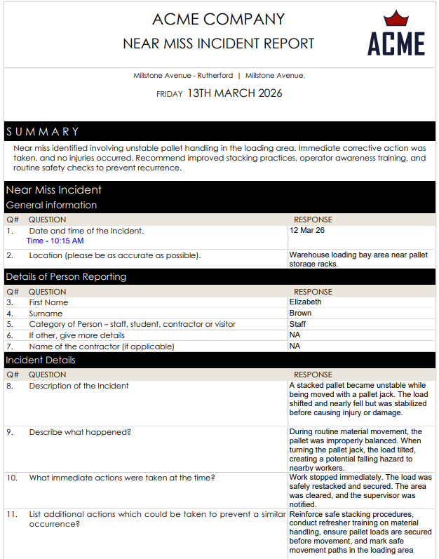 Near miss incident report sample