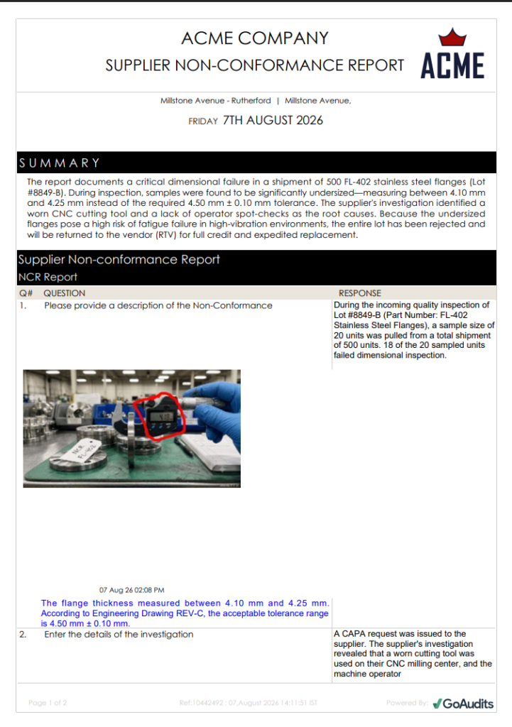 Non-Conformance Report Template Sample PDF
