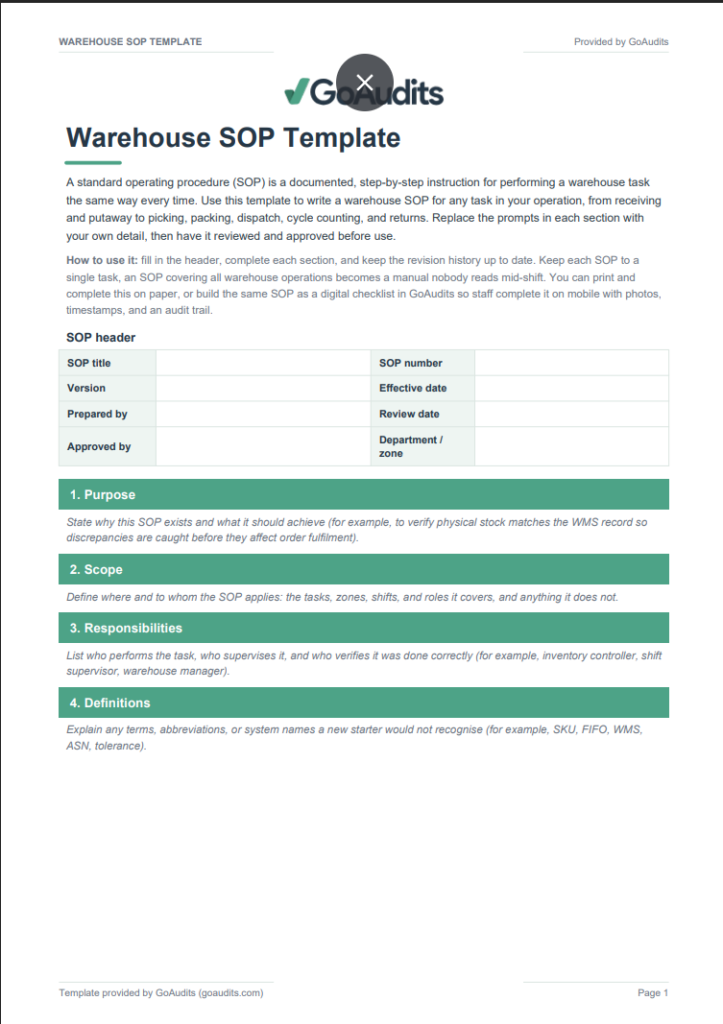 Warehouse SOP Template PDF